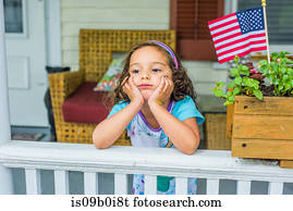 aborrecido, menina, esperando, ligado, alpendre, ligado, dia independência