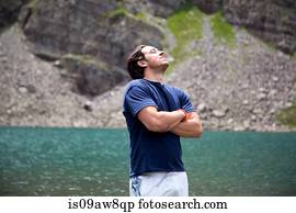 Man breathing in fresh air, Cathedral Lake, Aspen, Colorado