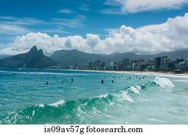 Ocean waves lapping the coastline, Ipanema Beach, Rio de Janeiro, Brazil