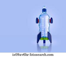 Upright water bottle rocket with blue background
