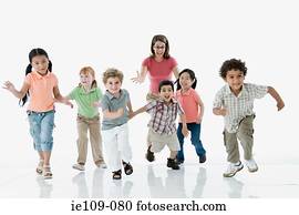 um, professor, perseguindo, crianças