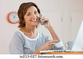 um, mulher, banco telefone