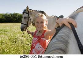 um, menino menina, com, cavalos