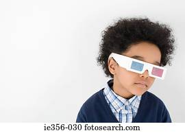 menino, desgastar, vidros 3d