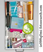 vista elevada, de, cosméticos, em, um, gaveta