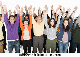 People with arms raised