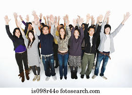 People with arms raised