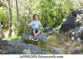 Boy sitting on rock