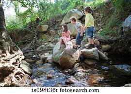 Children on rocks by river