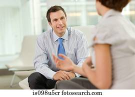 hombre de negocios, y, mujer de negocios, hablar