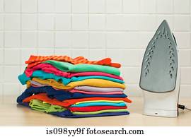 pilhas, de, limpo, lavanderia, e, ferro