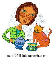 girl pouring tea with kitty girl pouring tea with kitty