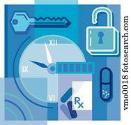 cadeado tecla, pílulas, relógio