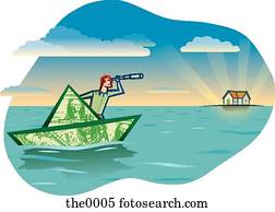 man in a boat made of money looking at a house in the distance