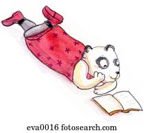 urso panda, deitando-se, e, lendo um livro