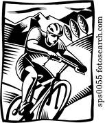 A black and white drawing of a man cycling on a mountain bike