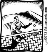 A black and white illustration of a tennis player playing in a match