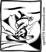 A black and white illustration of a man snowboarding