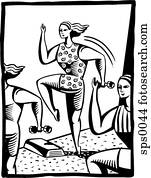 A black and white illustration of women exercising at an aerobics class A black and white illustration of women exercising at an aerobics class