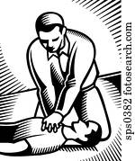 A black and white picture of a man performing CPR