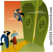 A businessman climbing a giant wall made of money