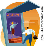 A businessman entering the screen is welcomed by a woman