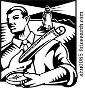 A businessman holding a map and compass tries to find his way, while a lighthouse shines behind him