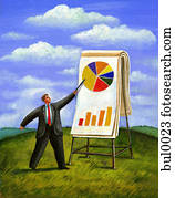 A businessman pointing to a pie chart