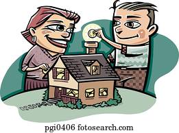 A happy couple putting money into a model house