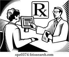 A pharmacist explaining a prescription to a customer drawn black and white