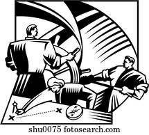 A team of business people navigating a ship A team of business people navigating a ship