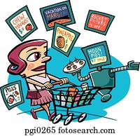 a, אישה, עם, a, עגלה של קניות, ב, a, מכולת