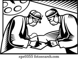 Two surgeons performing surgery on a piece of paper illustrated in black and white