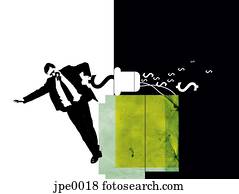 A businessman pulling dollar signs from a computer