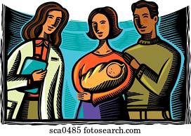 a couple with their newborn baby talking to their doctor a couple with their newborn baby talking to their doctor