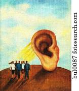 A group of business people looking at a giant ear A group of business people looking at a giant ear
