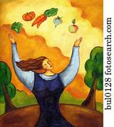 A woman juggling broccoli, tomato, carrot, turnip, and an apple A woman juggling broccoli, tomato, carrot, turnip, and an apple
