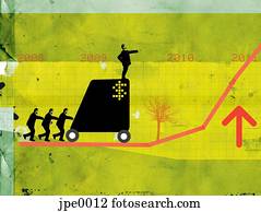Businessmen pushing a man on a cart up a growth chart Businessmen pushing a man on a cart up a growth chart