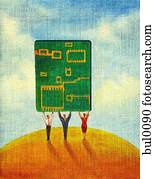 tre, folk branche, holde, en, kæmpe, computer, motherboard