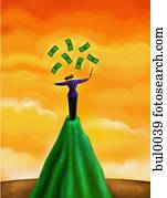 um, mulher, juggling, com, dólar cobra, sobre, um, penhasco