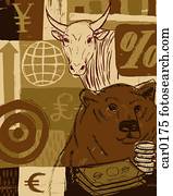 A bear and a bull with currency symbols in the background