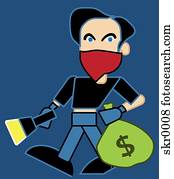 A masked bank robber with sack of money, on blue background