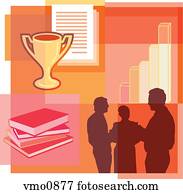 A montage of two men and a woman, bar graph, books, trophy, and documents