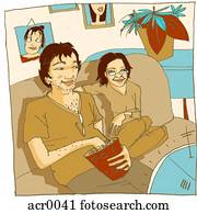 Couple sitting on couch, eating popcorn and watching television