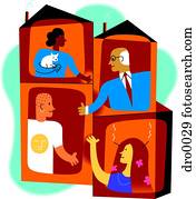 Four people in separate houses communicating with one another to symbolize community diversity