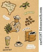 Illustration of Brazilian coffee showing a coffee grower, coffee beans, and fresh cups of coffee