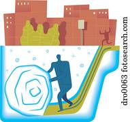 Man making a giant snowball, with shadow following