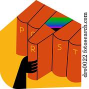 mão humana, puxando, um, volume, de, um, fila, de, vermelho, livros