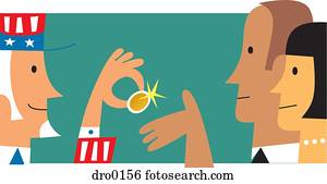 Profile view of Uncle Sam giving money to a couple