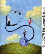 Three business people standing on a giant stethoscope Three business people standing on a giant stethoscope